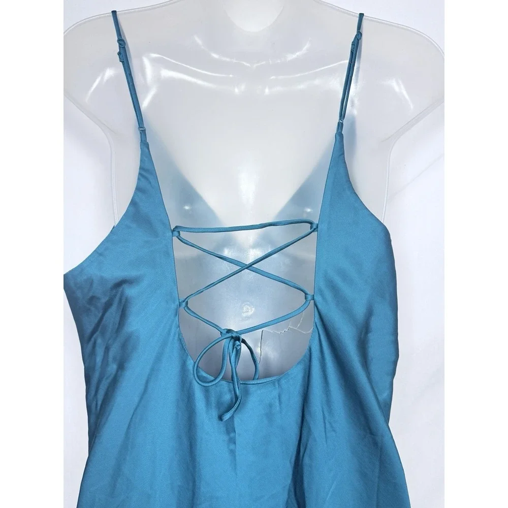 Abercrombie Satin Slip Dress XLT Blue Ombre Lace‎ Up Back Midi Maxi Going Out